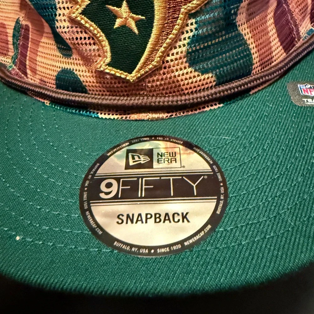 New Era Houston Texans Snapback Hat OSFM Green Camo NEW 9FIFTY NFL Mesh Trucker